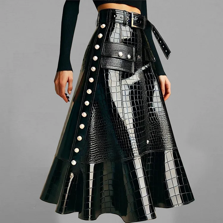 PU Patent Leather Alligator Pattern Belt Maxi Skirt