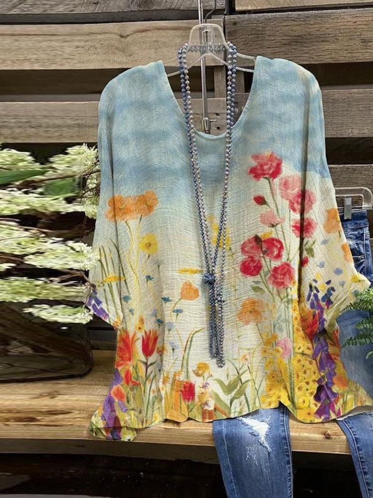 Women's Colorful Floral Printed Round Neck Half Sleeve T-Shirt