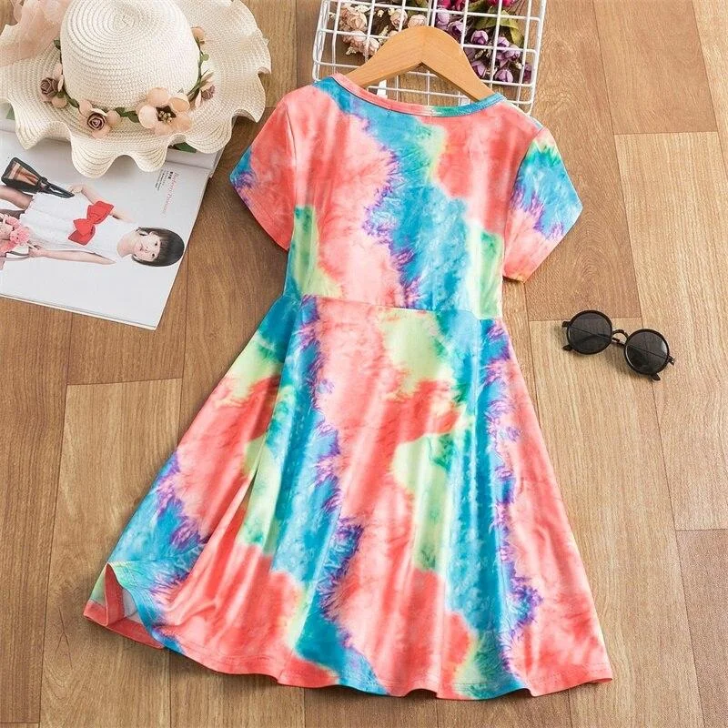 New Bohemia Style Beach Dress For Girls Summer Short Sleeve Tie Dye Printing Carnival Party Costume Casual 3-8T Girls Sundress