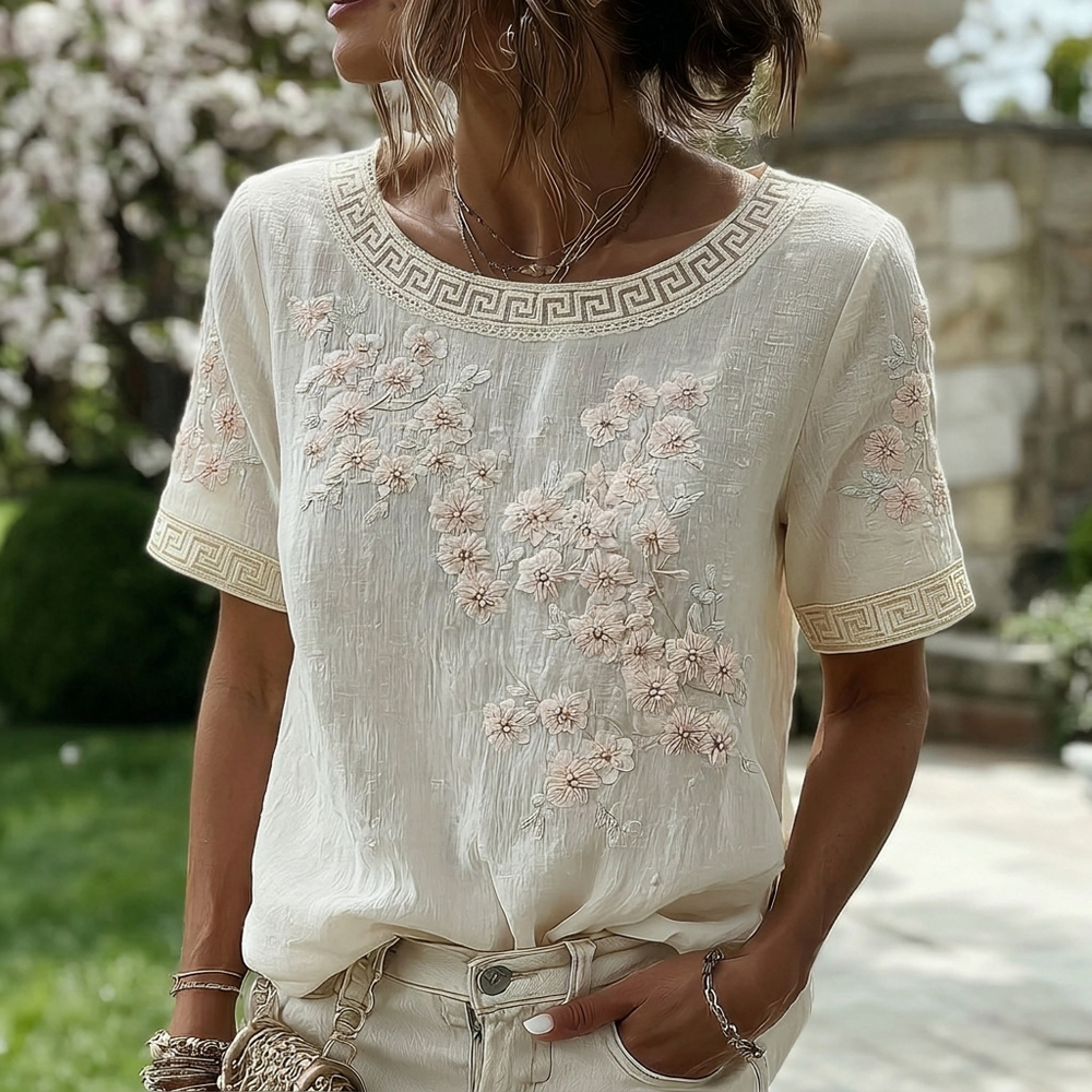 Women's Japanese Sakura Print Crew Neck Linen Blend Short  Sleeve T-shirt elevenforest