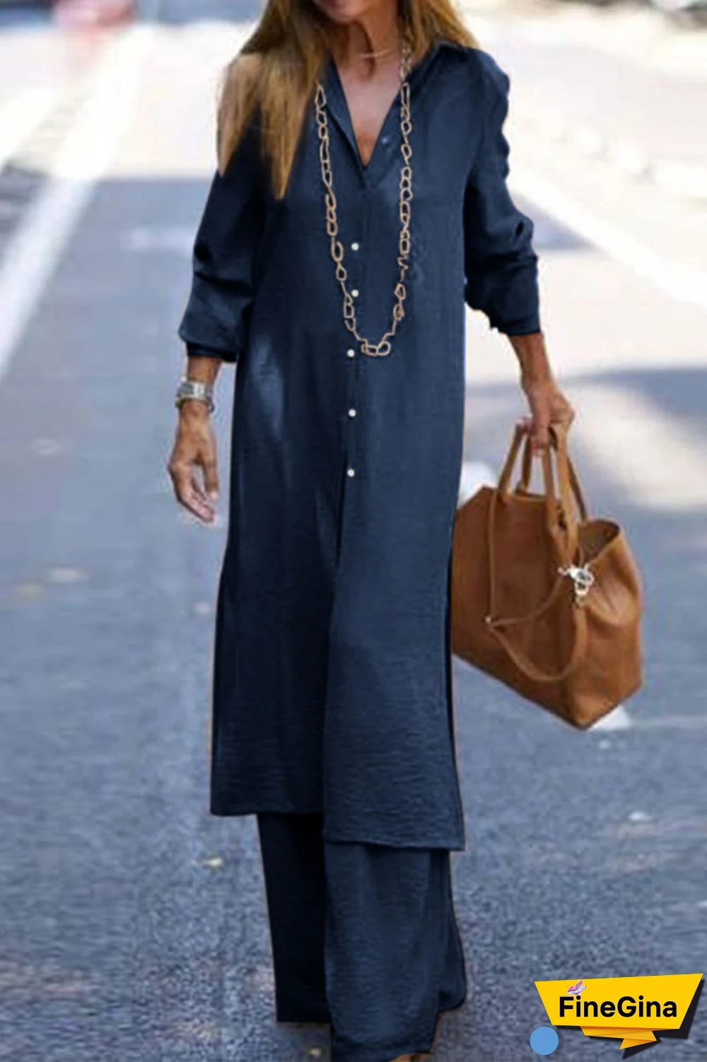 Casual Solid Buttons Turndown Collar Long Sleeve Two Pieces(3 Colors)