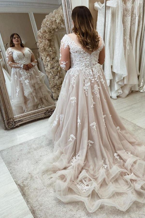 Stunning Sweetheart Long Plus Size A-Line Wedding Dresses With Lace Sleeves | Ballbellas Ballbellas