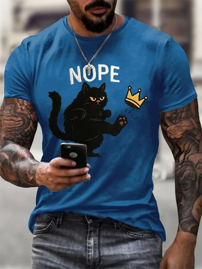Men's Retro No Kings In America Cat Crown Nope Print T-Shirt  socialshop