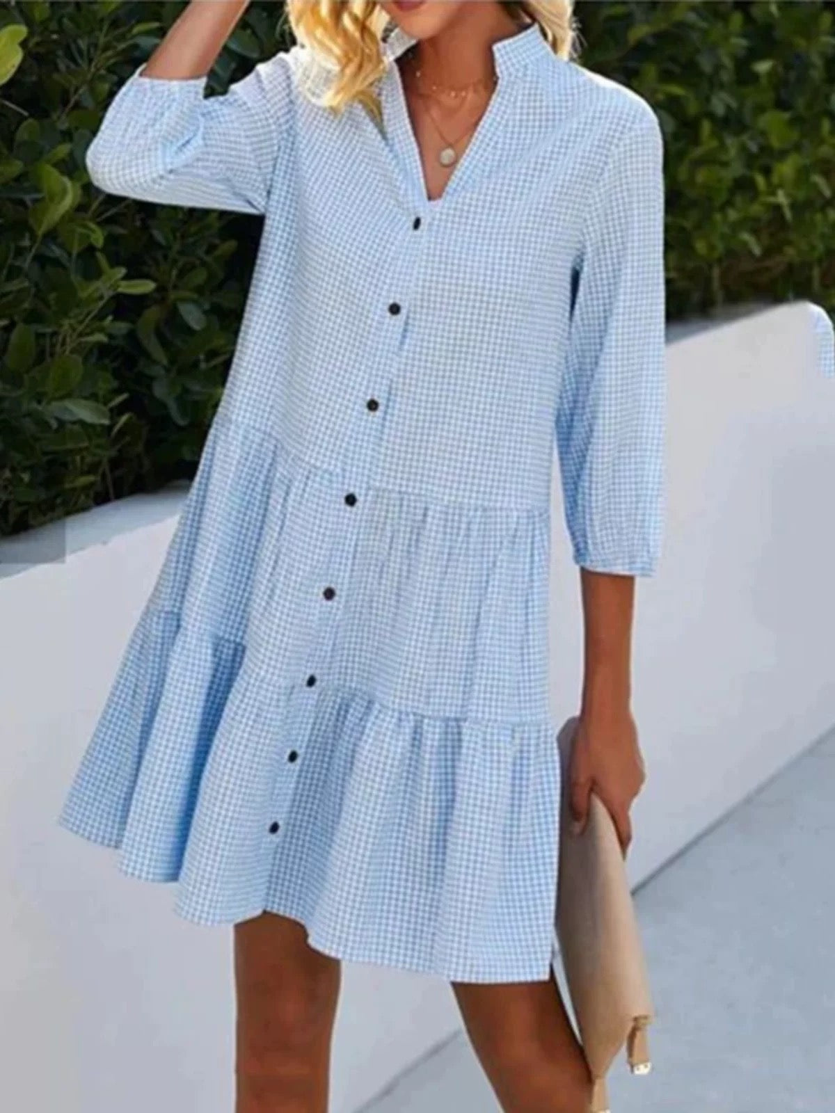 Loose Blue Gingham Button-Front Summer Dress