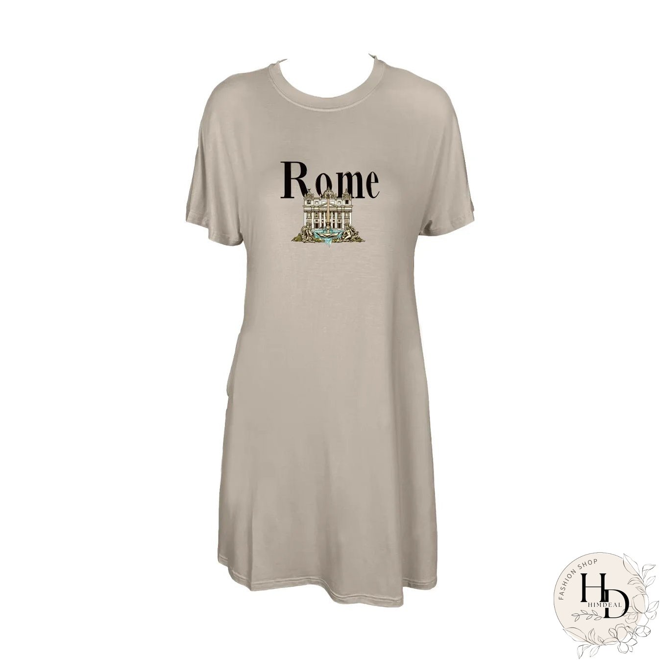 Detailed Trevi Fountain With Rome Print Crew Neck Tee Dress Casual Short Sleeve Dress For Spring & Summer Women's Clothing