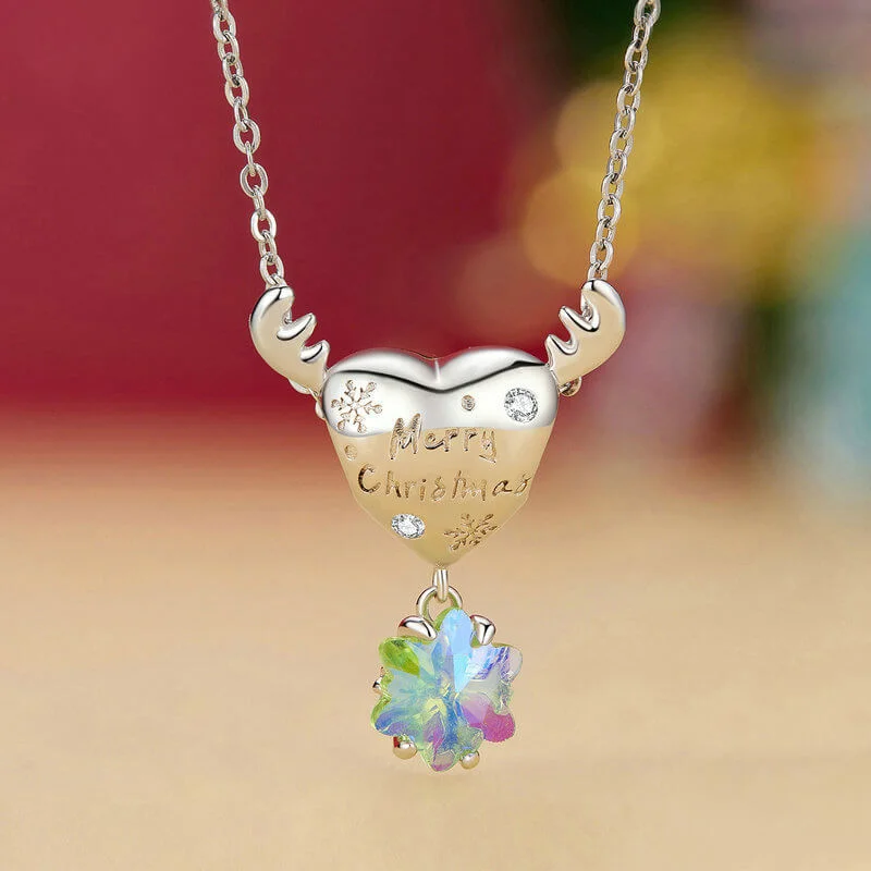 Mewaii® Christmas Heart-Shaped Elk Snowflake Pendant Silver Jewelry S925 Sterling Silver Clavicle Necklace