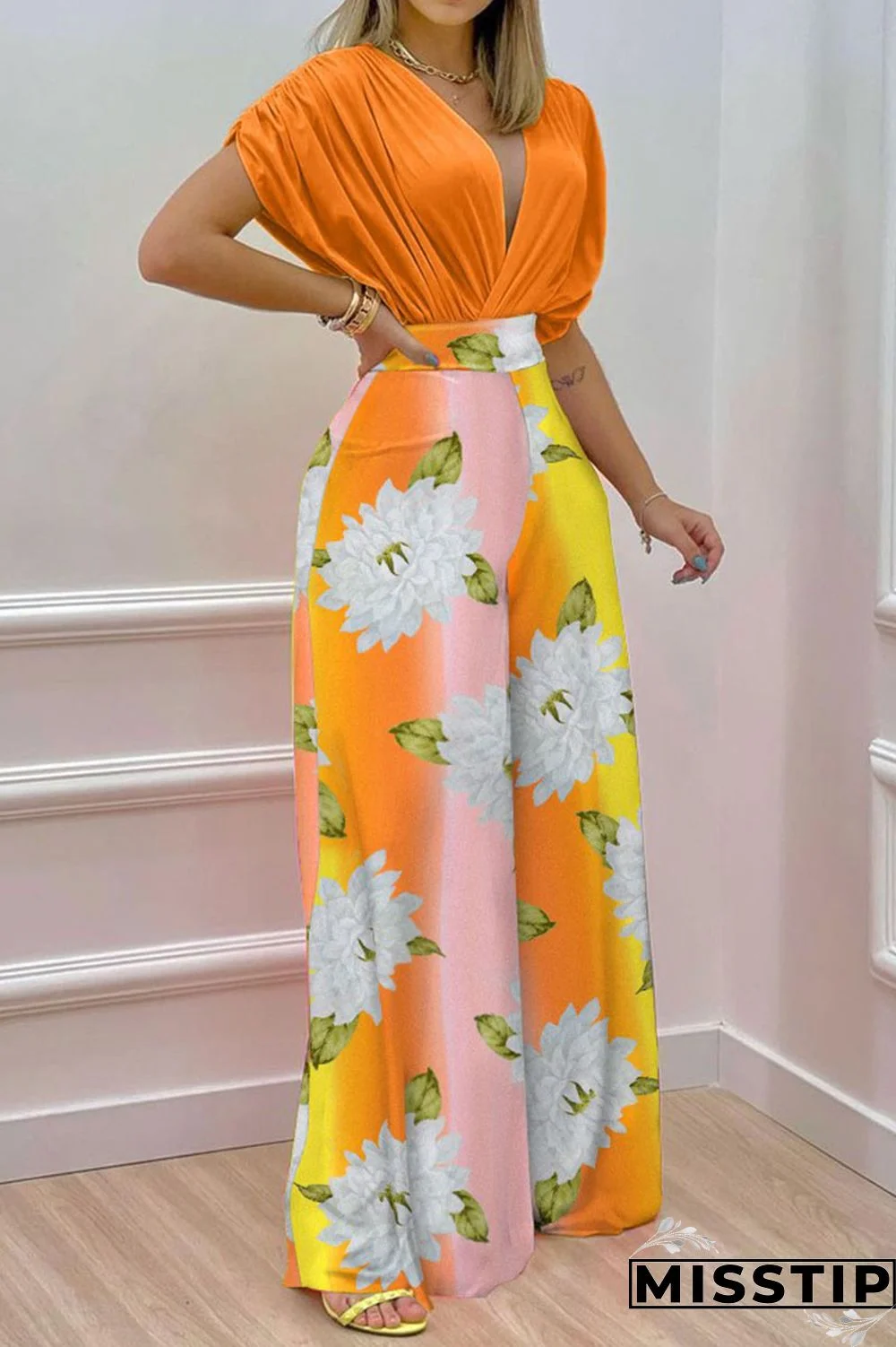 Green Casual Print Patchwork V Neck Short Sleeve Two Pieces