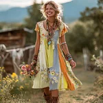 Women's Floral Color Block Round Neck Short Sleeve Dress - Image 5