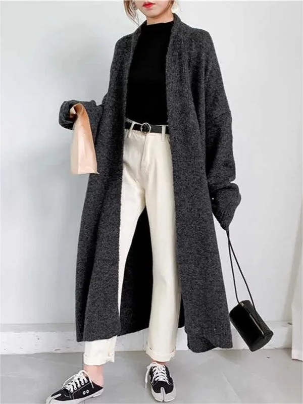 Elegant Loose Solid Color V-Neck Long Sleeve Thick Knitted Cardigan