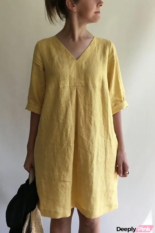 Solid V Neck Linen Tunic Dress