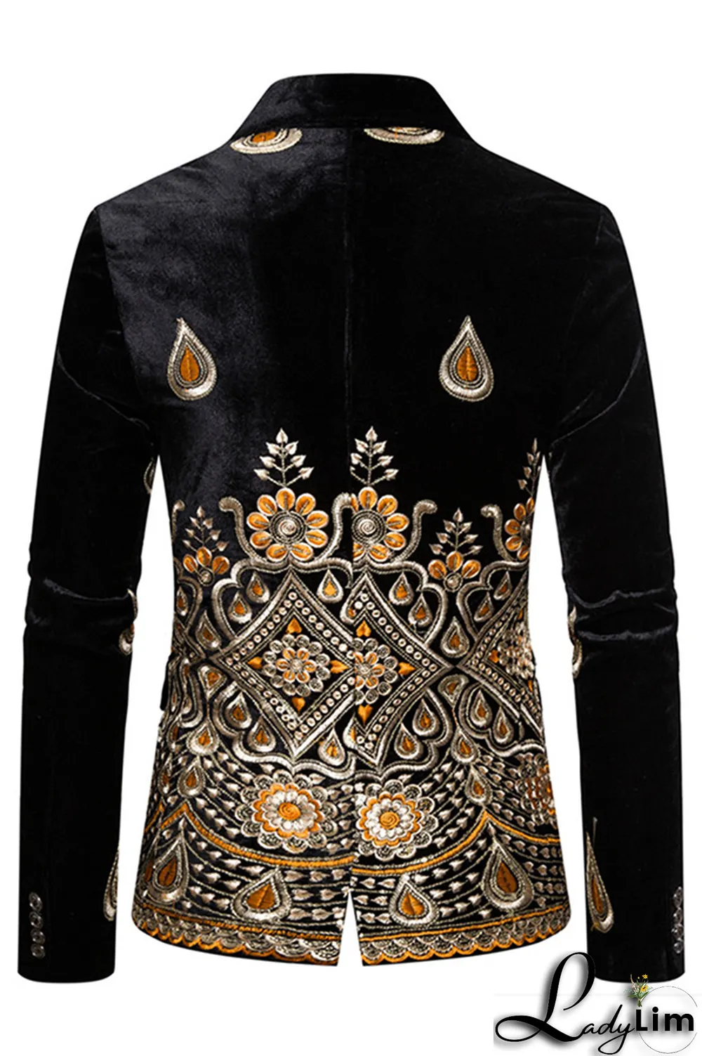 Burgundy Fashion Embroidery Split Joint Buttons Turn-back Collar Outerwear