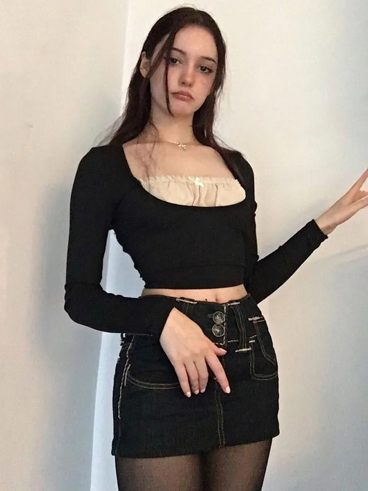 Rapcopter y2k Frill Crop Top Bow Cute T Shirt Patched Black Full Sleeve Pullovers Retro Grunge Fairycore Korean Tee Women Chic