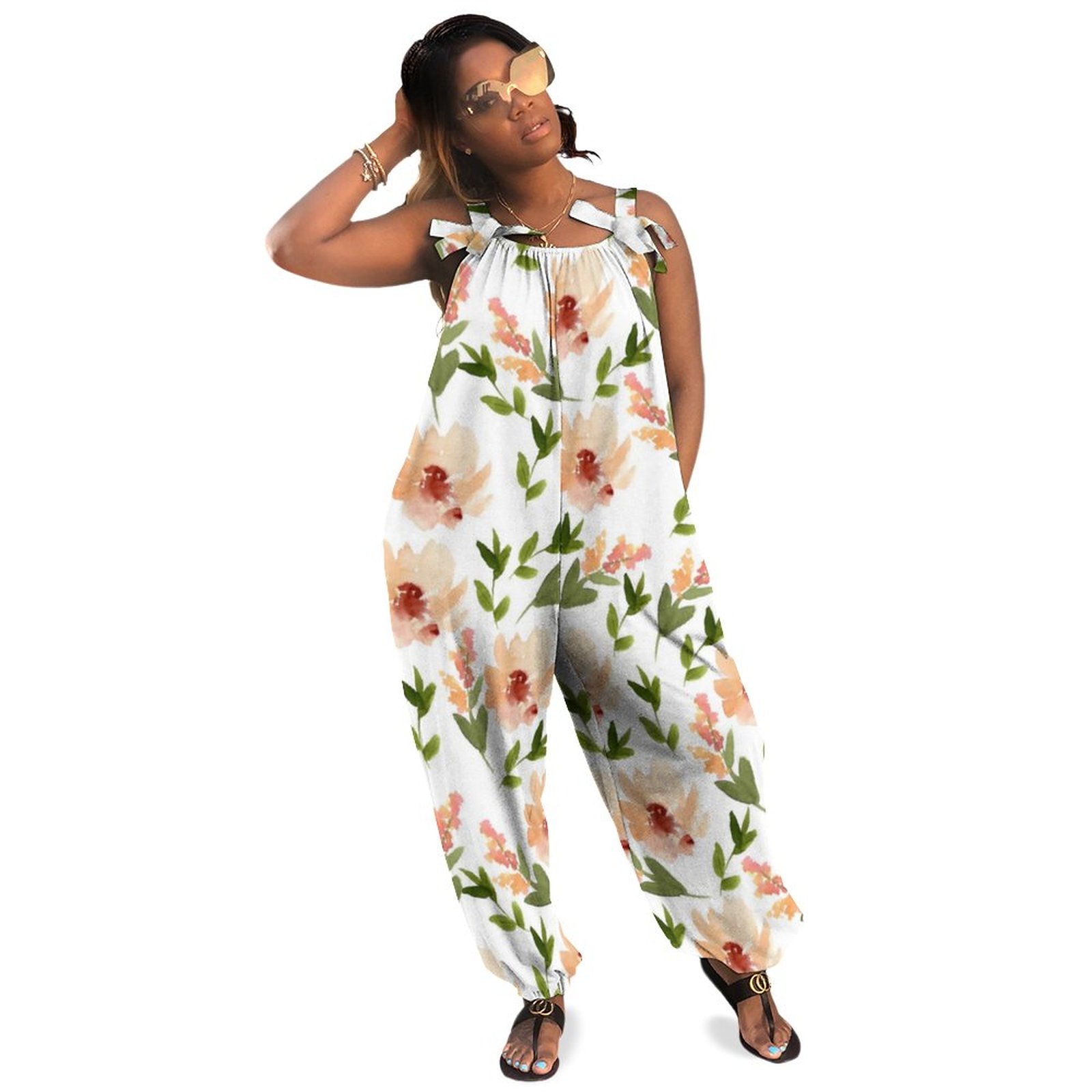 Orange Peach Floral Flowery Pattern Boho Vintage Loose Overall Corset Jumpsuit Without Top