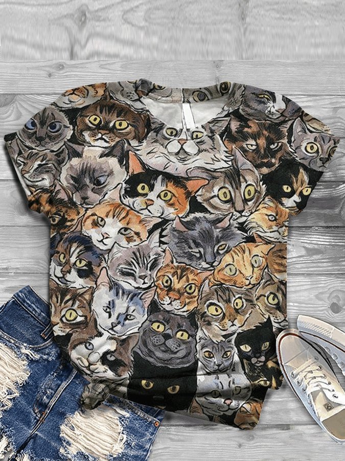 Women's Many cats Print Crew Neck Short Sleeve Tee Shirt