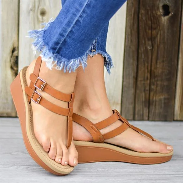Adjustable Buckle T-Strap Wedge Sandals