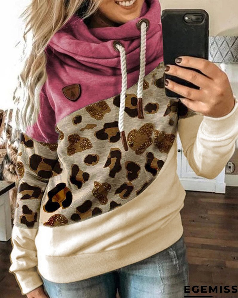 Lantern Sleeve Colorblock Leopard Print Hooded Top | EGEMISS
