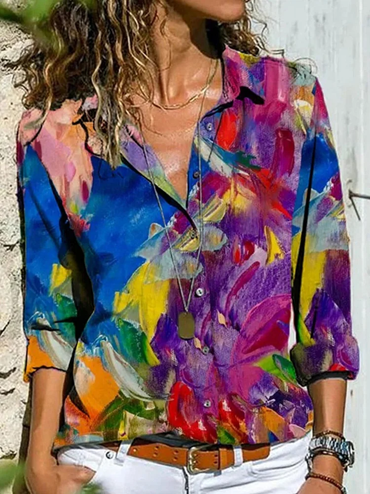 Fashion Casual Print Lapel Long Sleeve Shirt