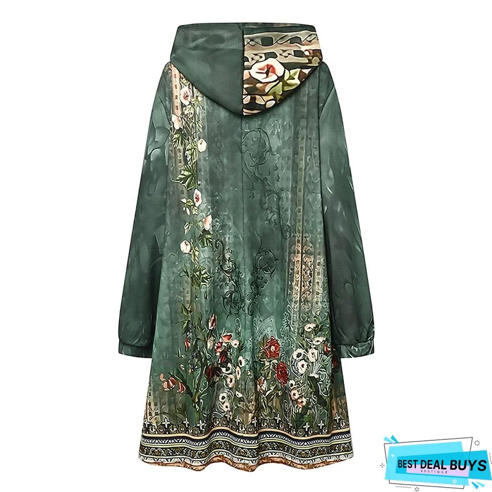 Women&lsquo;s Hoodie Dress Winter Dress Sweatshirt Dress Winter Dress  Green Blue Purple Long Sleeve Floral Print Winter Fall Hooded Vacation Casual Fall Dress 2022 S M L XL XXL 3XL