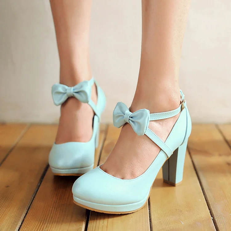 Light Blue Chunky Heel Platform Pumps with Almond Toe and Bow Detail Vdcoo