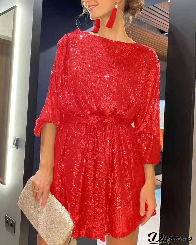 Women Casual Solid Lace-Up Sequin Embroidery Dress