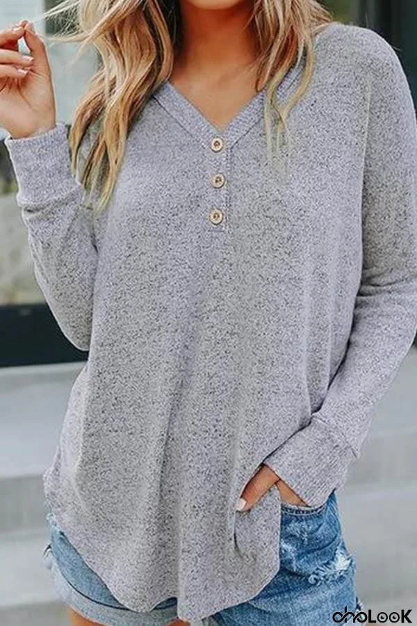 V-Neck Buttoned Knitted Henley Top