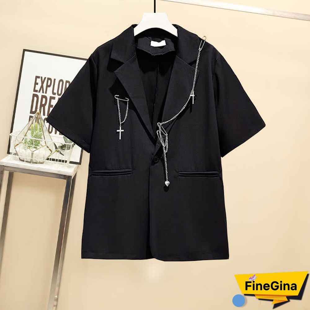 Gothic Pure Color Lapel Blazer Wide Leg Chain Cargo Shorts