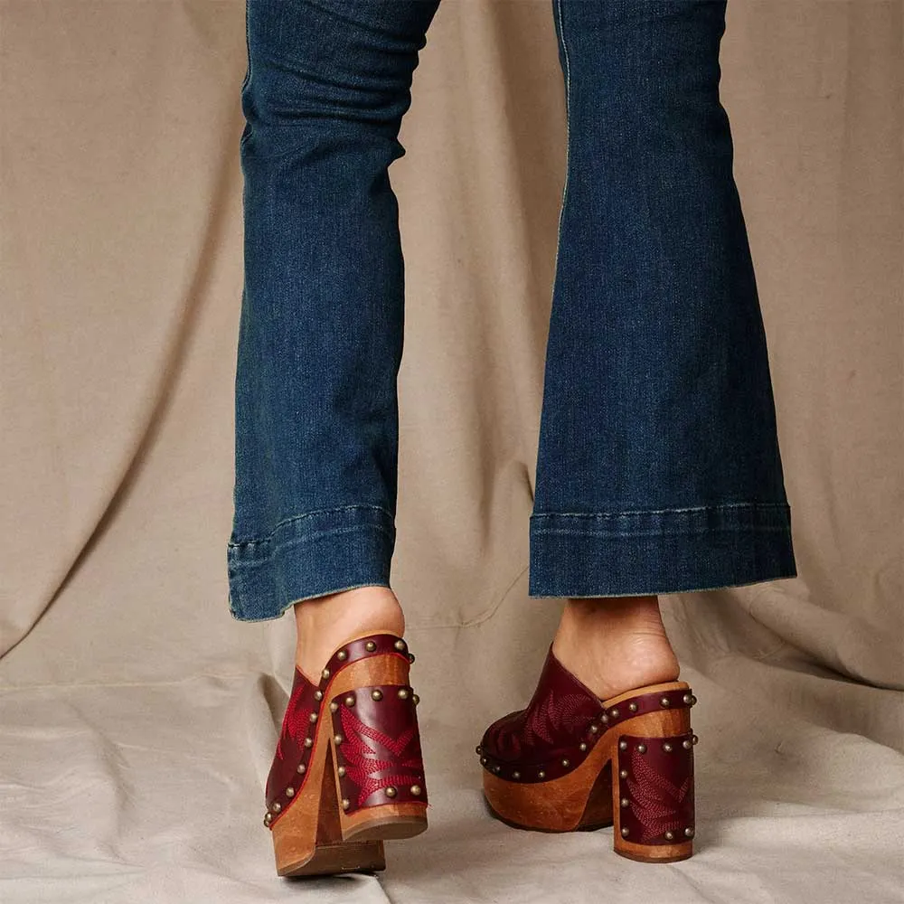 Maroon Chunky Heel Platform Embroidered Mules for Women with Studded