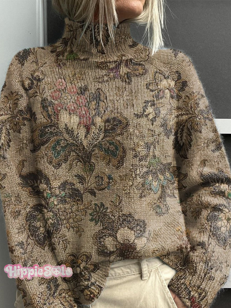 Vintage Floral Print Knit Turtleneck Pullover Sweater Multicolor / S