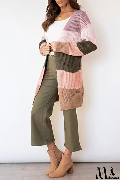 MidiSono - Color Block Pocket Open Cardigan