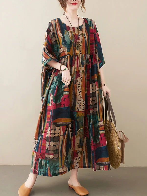 Vintage Roomy Abstract Stamped Pleated Round-Neck Half Sleeves Midi Dress