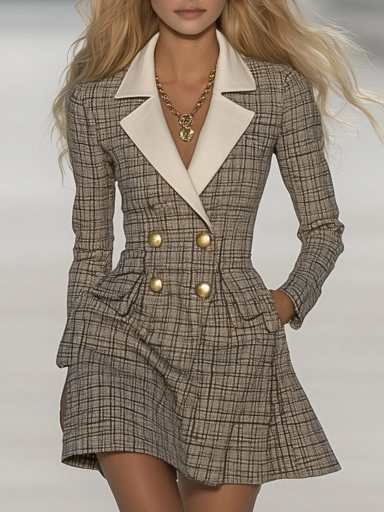 【24-hour shipping out】Classic and Fashionable Contrast Lapel Plaid Mini Dress