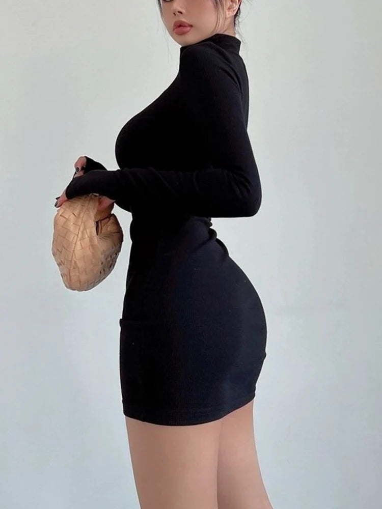 OLCooL Turtleneck Long Sleeves Dresses Black Sexy Pleated Bodycon Mini Dress 2024 Fall Winter Women Streetwear Party Club Y2K Clothings olcool