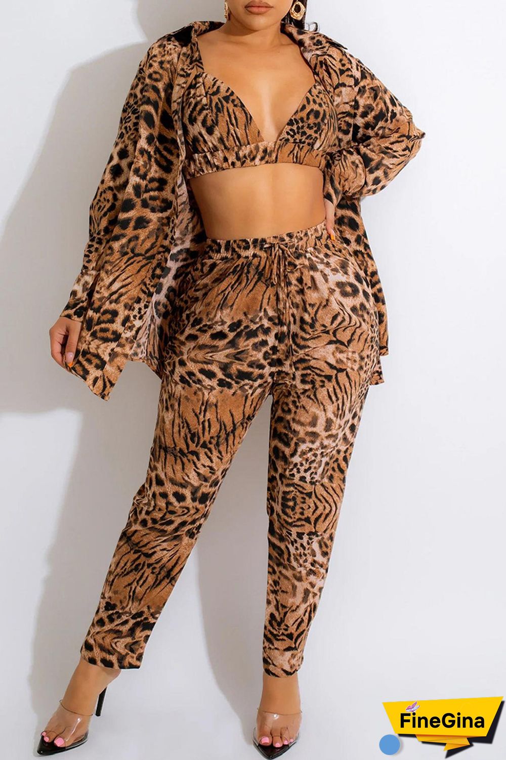 Tiger Pattern Fashion Casual Print Cardigan Vests Pants Turn-back Collar Long Sleeve Two Pieces