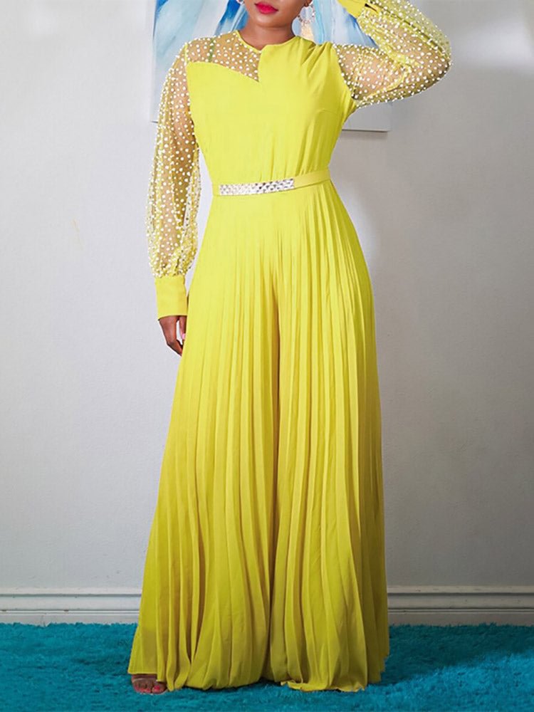 Dot Mesh Patchwork Pleated Long Sleeve Jumpsuit For Women SKUI90816 QueenFunky