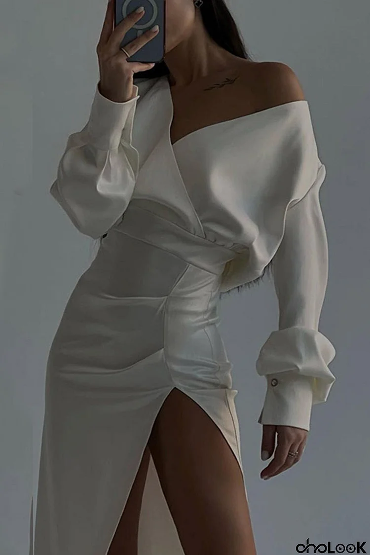 Satin Off Shoulder Gather Silt Dress