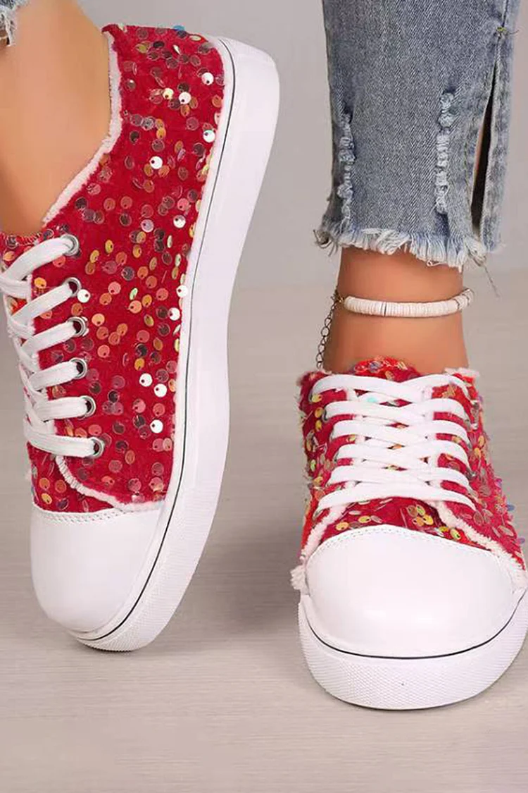 Daily Red Flat Bottom Lace Up Sequin Casual Shoes 2024 - Xpluswear
