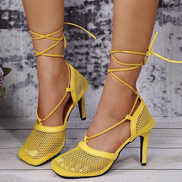 Women summer mesh hollow closed toe lace-up stiletto heels