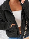 Fuzzy Solid Fall & Winter Jacket, Casual Zip Up Long Sleeve Warm Outerwear, Women's Clothing