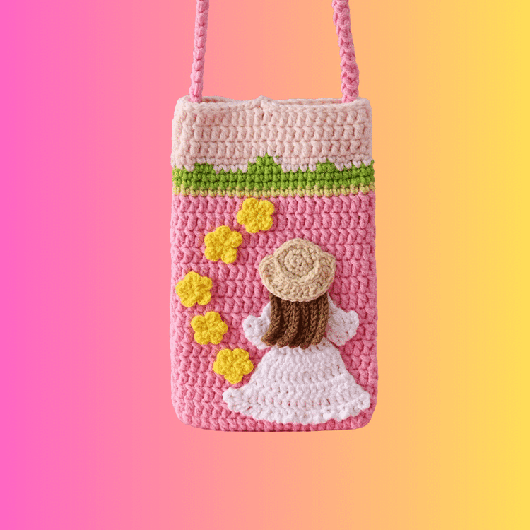 Lulusnow Handmade Pink Oil Painting Style Spring Girl Crochet Crossbody Bag Phone Bag