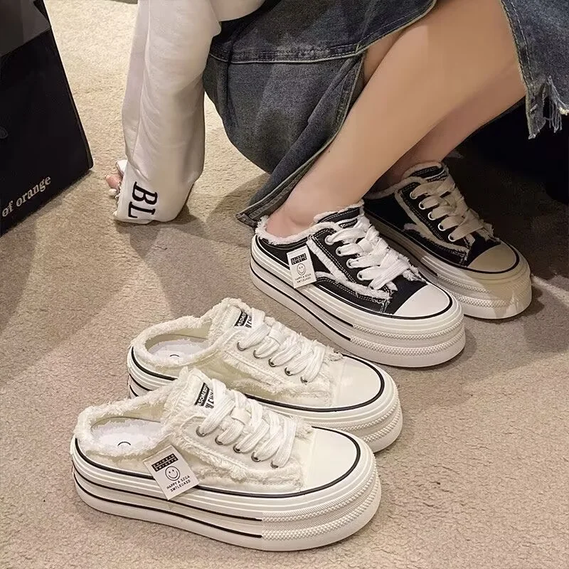 Churchf Churchf Quality Leisure After Empty Slippers Women Wear 2024 Summer New Canvas Shoes Thick Sole Half Mop Cake Women's Slippers