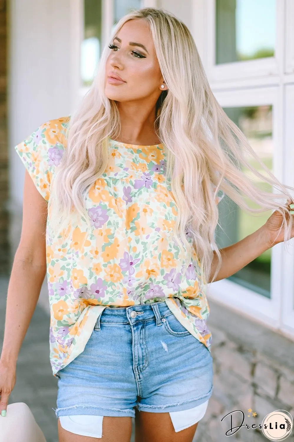 Printed Round Neck Cap Sleeve Blouse