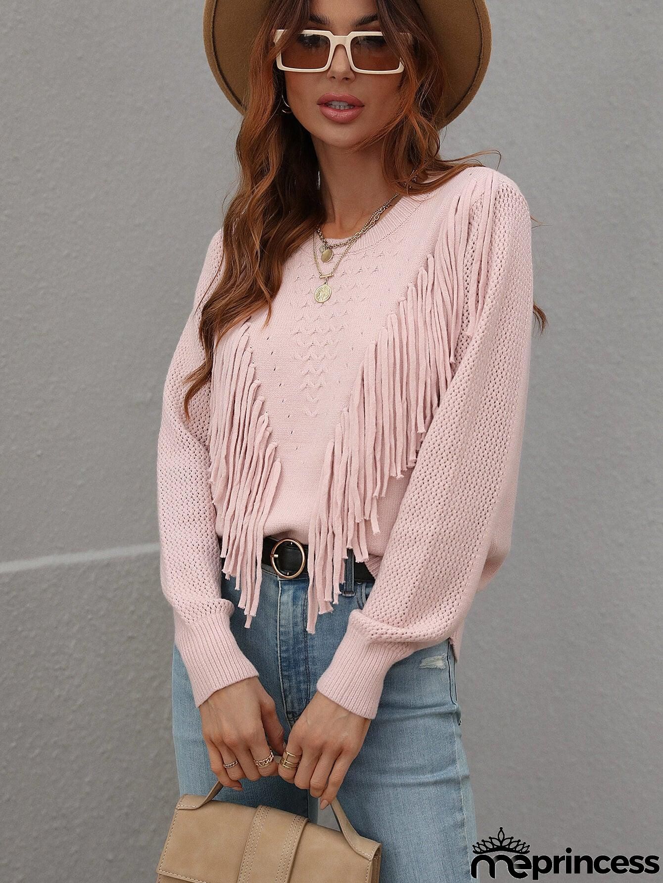 Fringe Detail Ribbed Trim Sweater