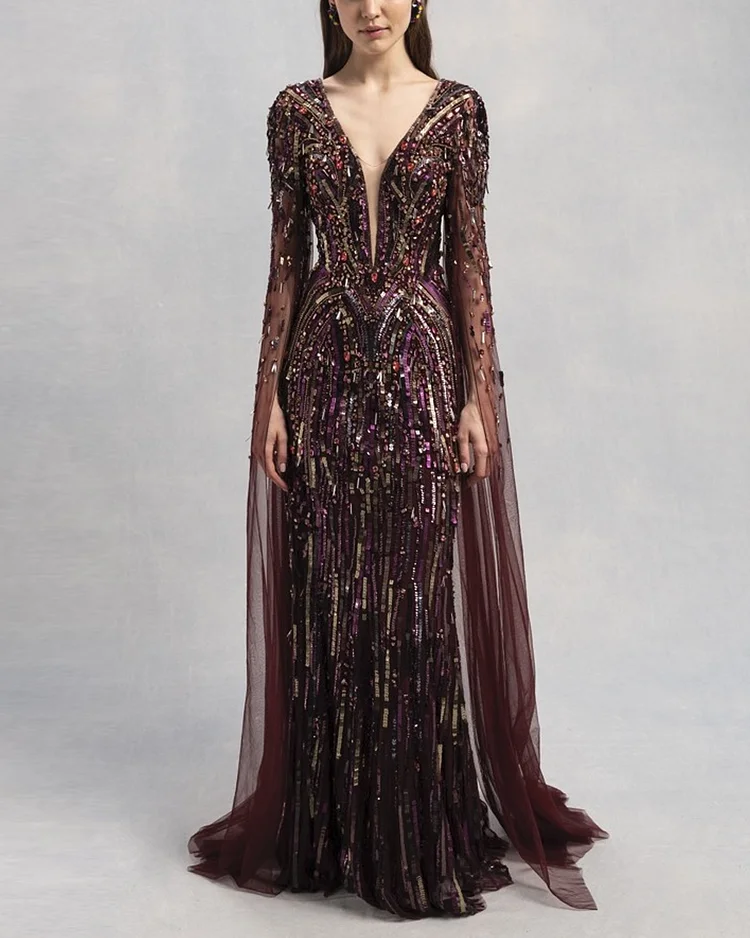 Heavily Beaded Tulle Evening Gown