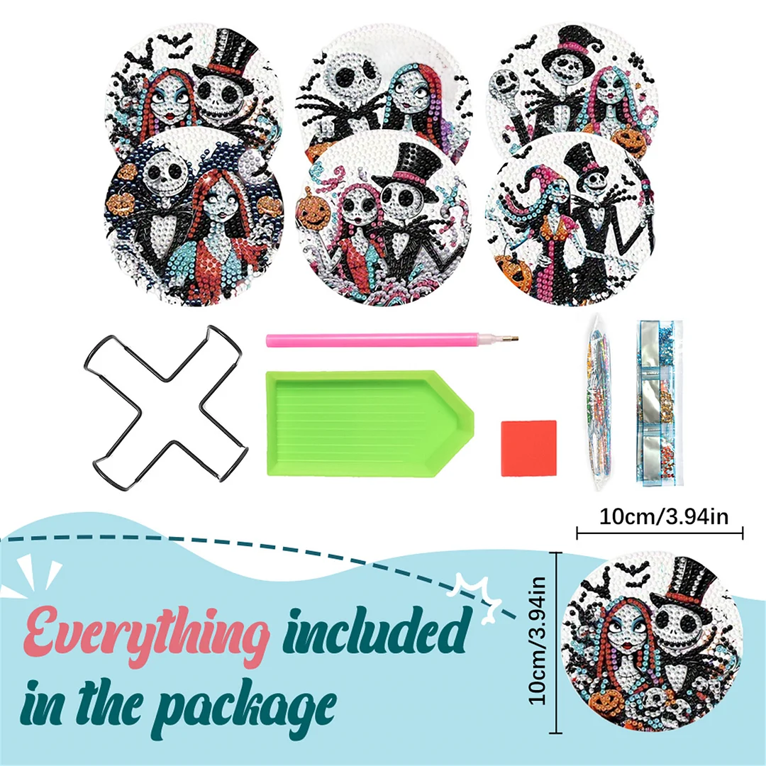 8pcs Cartoon DIY Diamond Painting Wooden Coasters Kits with Holder (Skeleton)