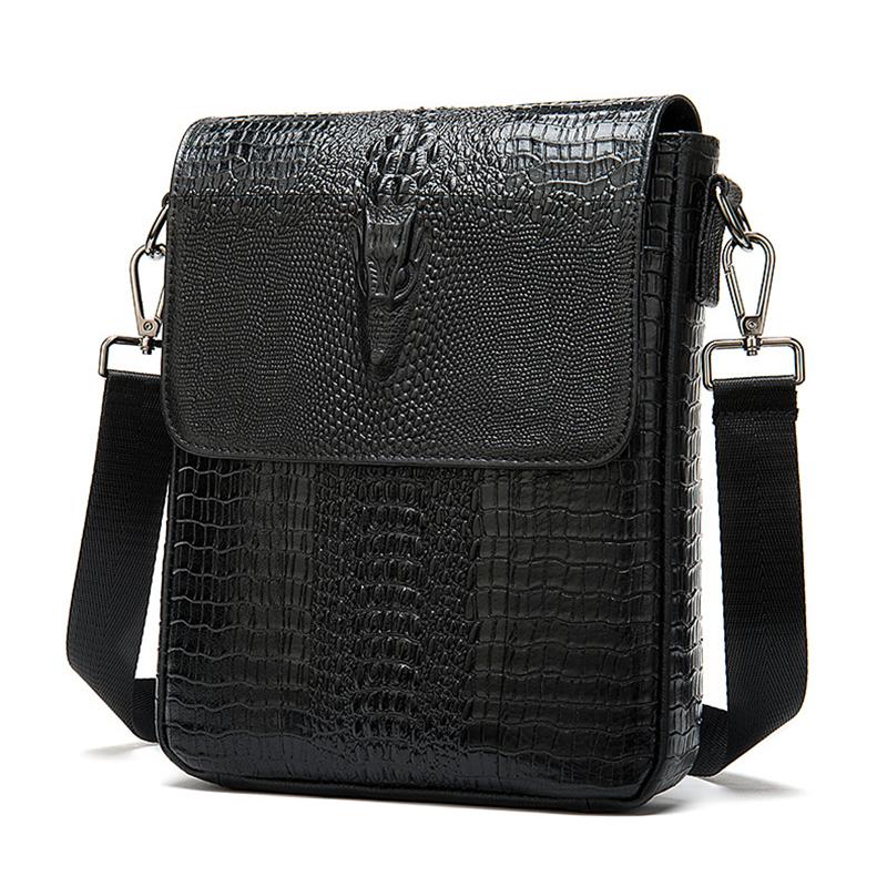Foldover Top Detachable Sling Strap Crocodile Textured Genuine Leather Messenger Bag