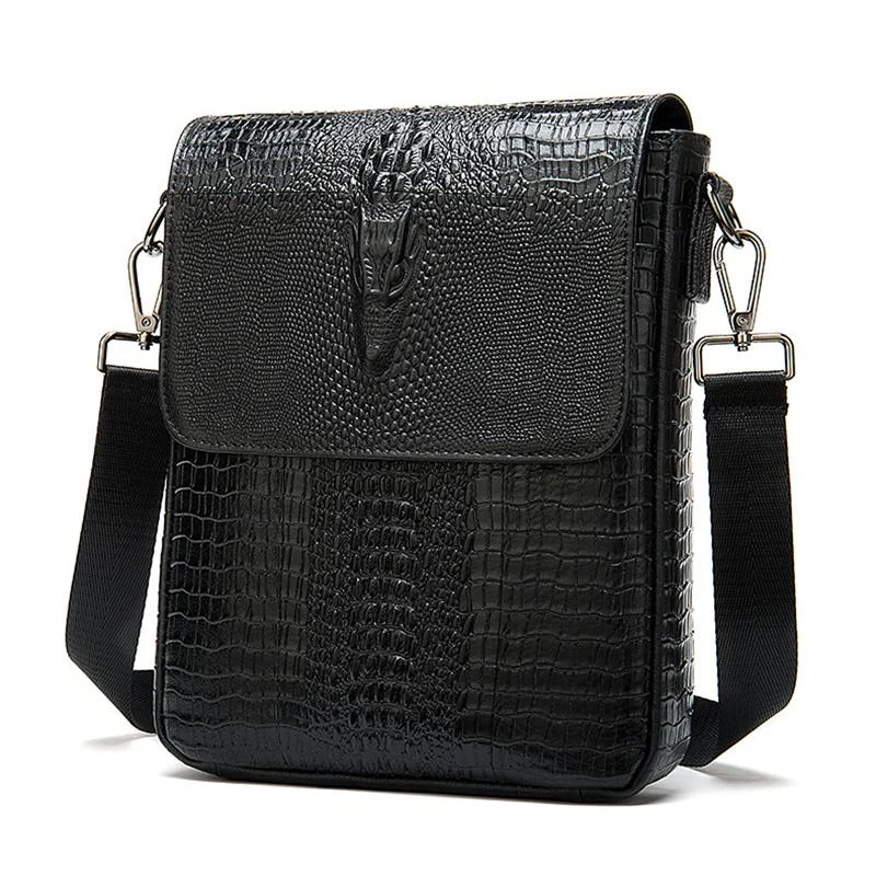 Foldover Top Detachable Sling Strap Crocodile Textured Genuine Leather Messenger Bag