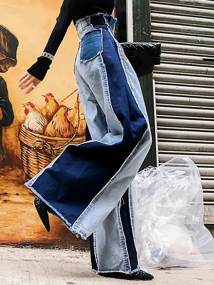 Casual Colorblock Patchwork Raw Trim Wide Leg Denim Jeans