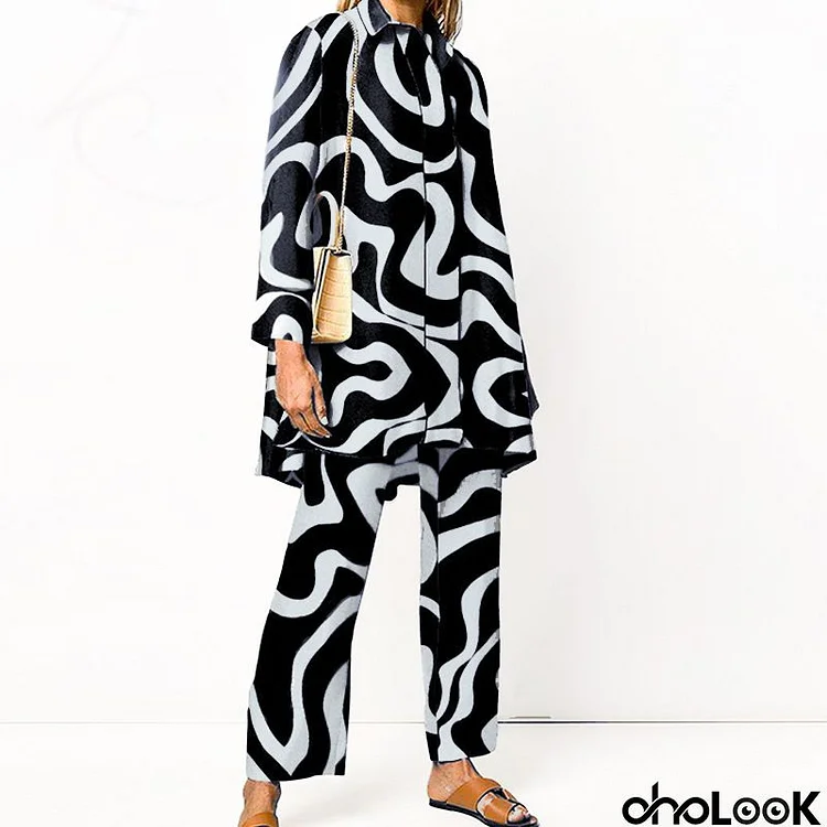 Women Fashion Geometric Print Long-Sleeved Top Loose Wide-Leg Pants Two-Piece Set