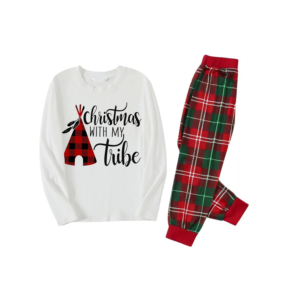"Christmas With My Tribe"  Pattern White Long Sleeve with White&Red&Green Plaid Pants Family Matching Pajamas