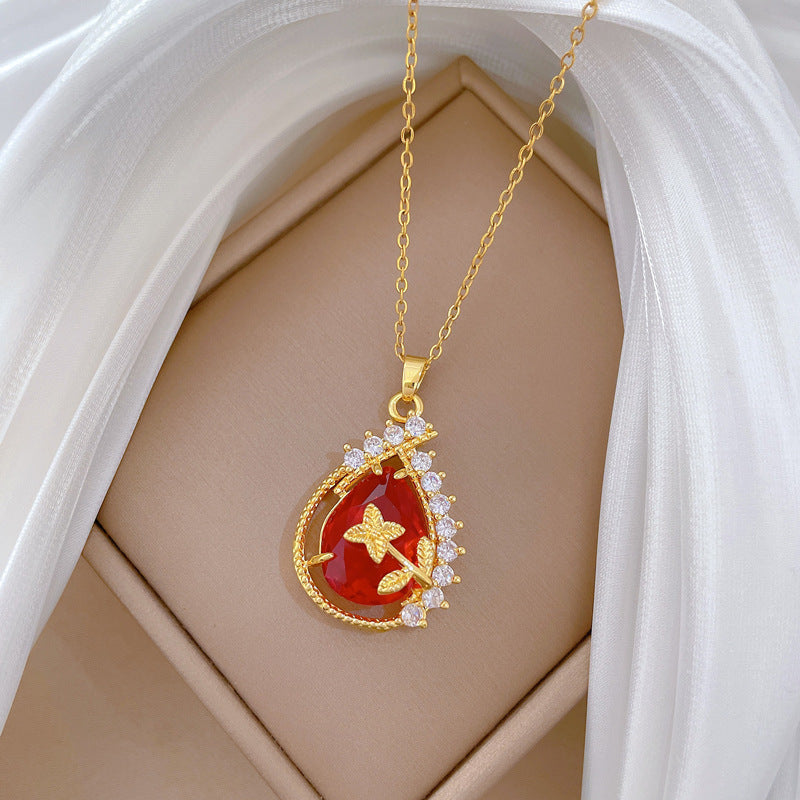 Ancient Style Water Drop Full Diamond Fashion Gorgeous Full Diamond Necklace Women’S Versatile Clavicle Chain Titanium Steel